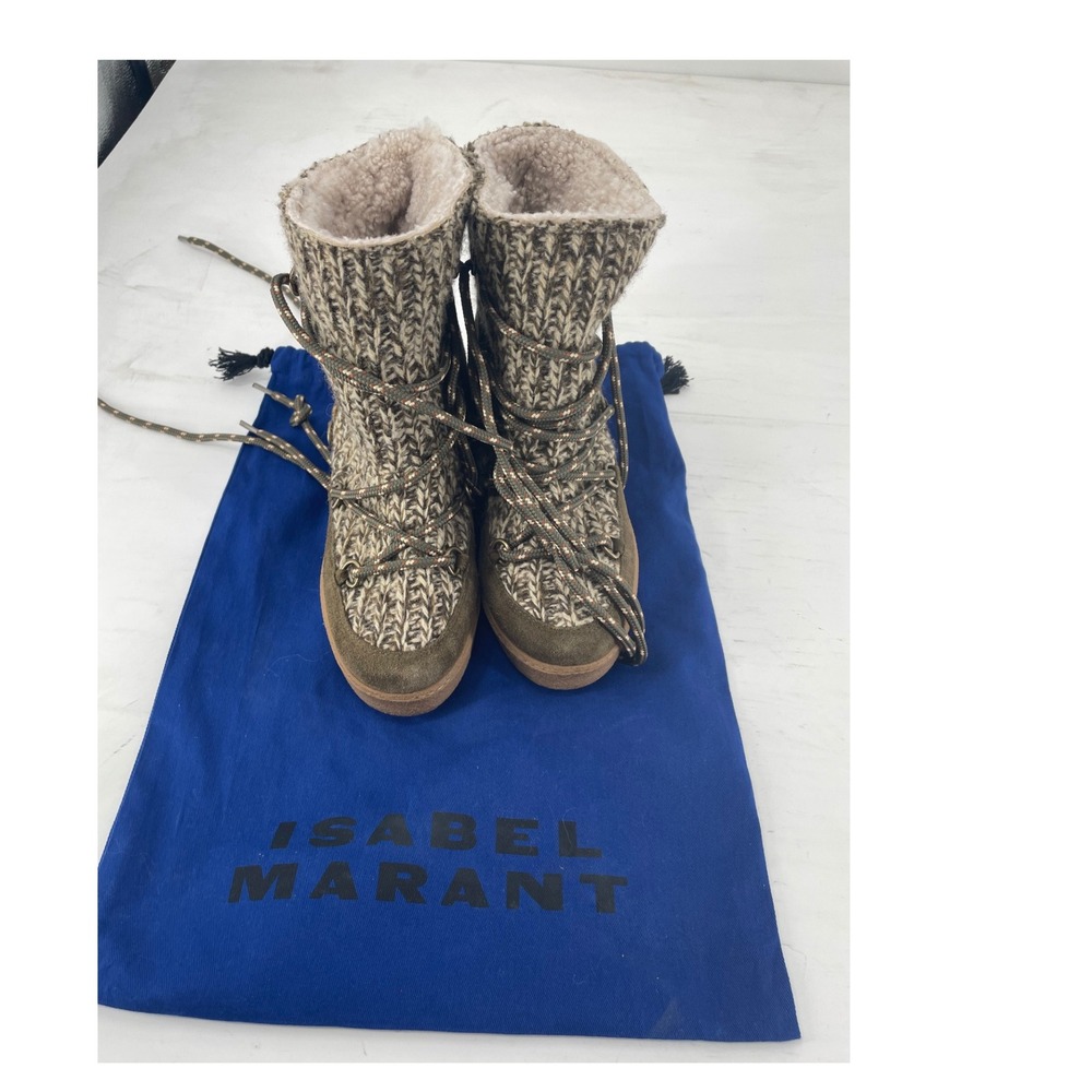 Isabel Marant Nowles Knit & Suede Boots 38 Green Excellent